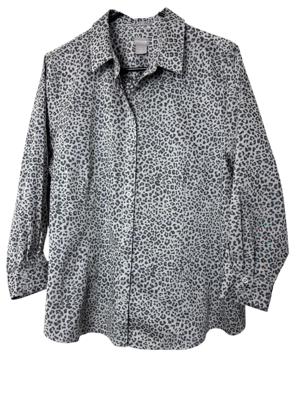 Chico's Coolmax No Iron Black Gray Leopard Print Button Up Shirt Size 3 US 16-18